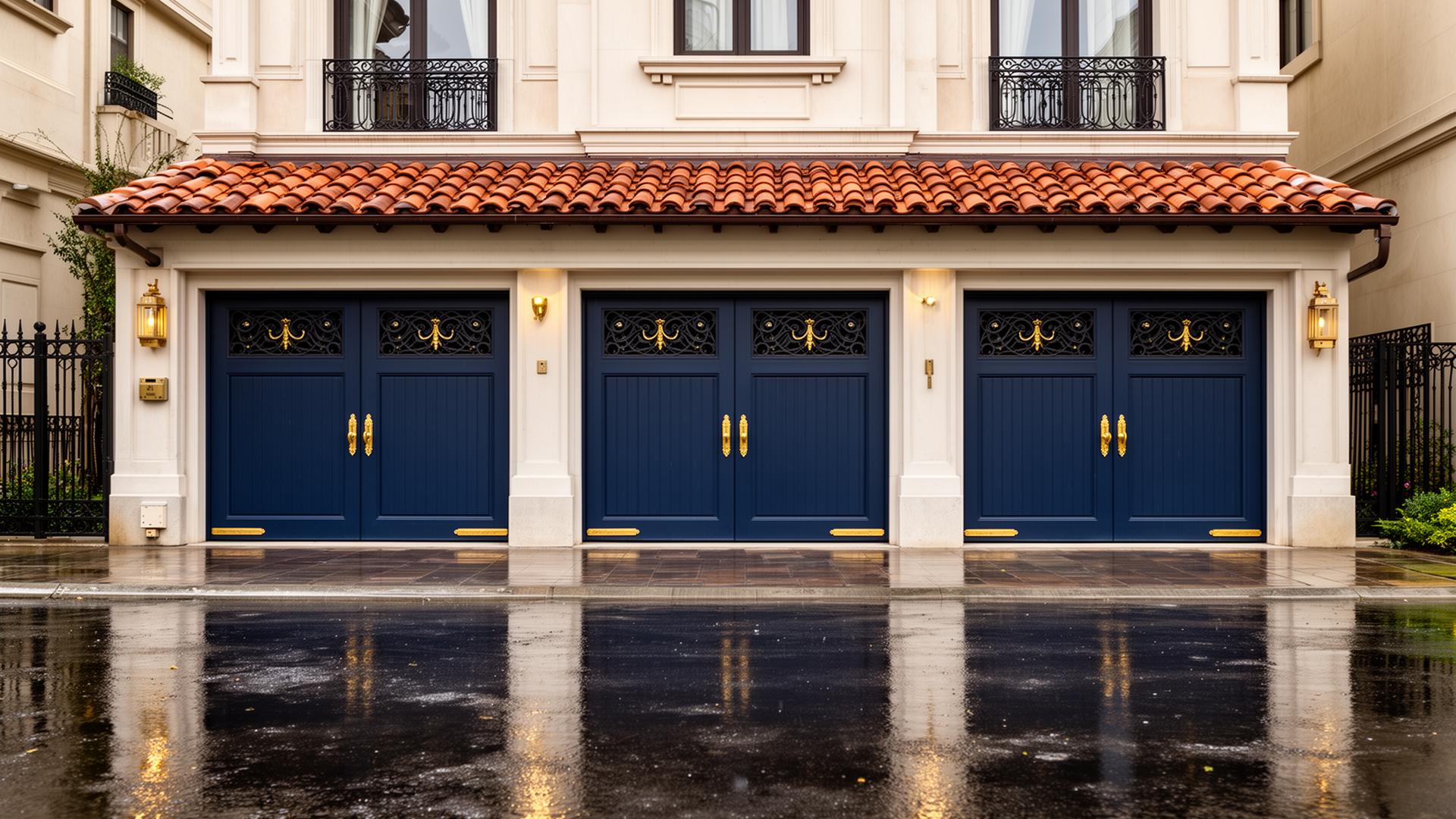Luxury Spanish colonial style garage doors with decorative iron grilles on upscale townhouse in Newington CT