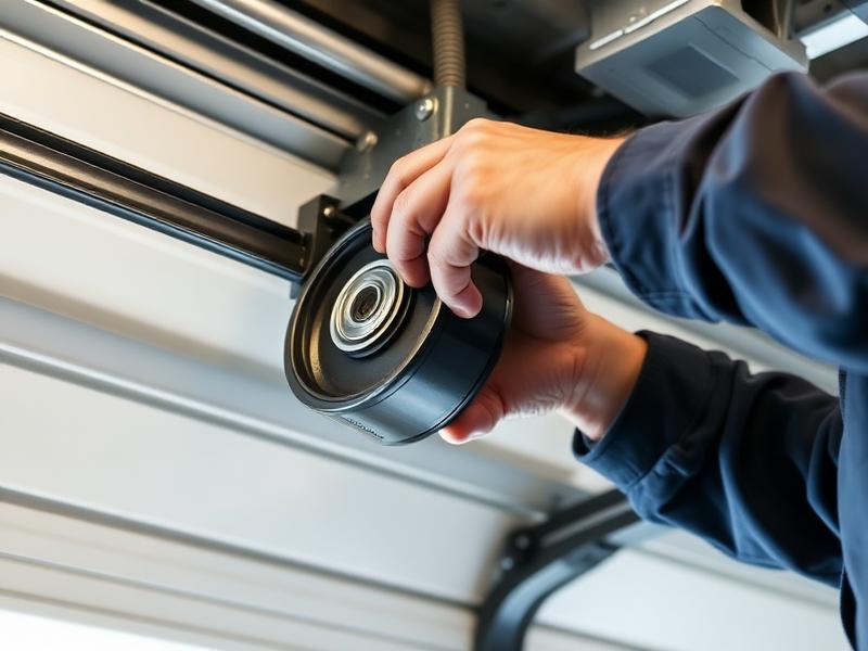 Professional garage door technician performing roller replacement repair